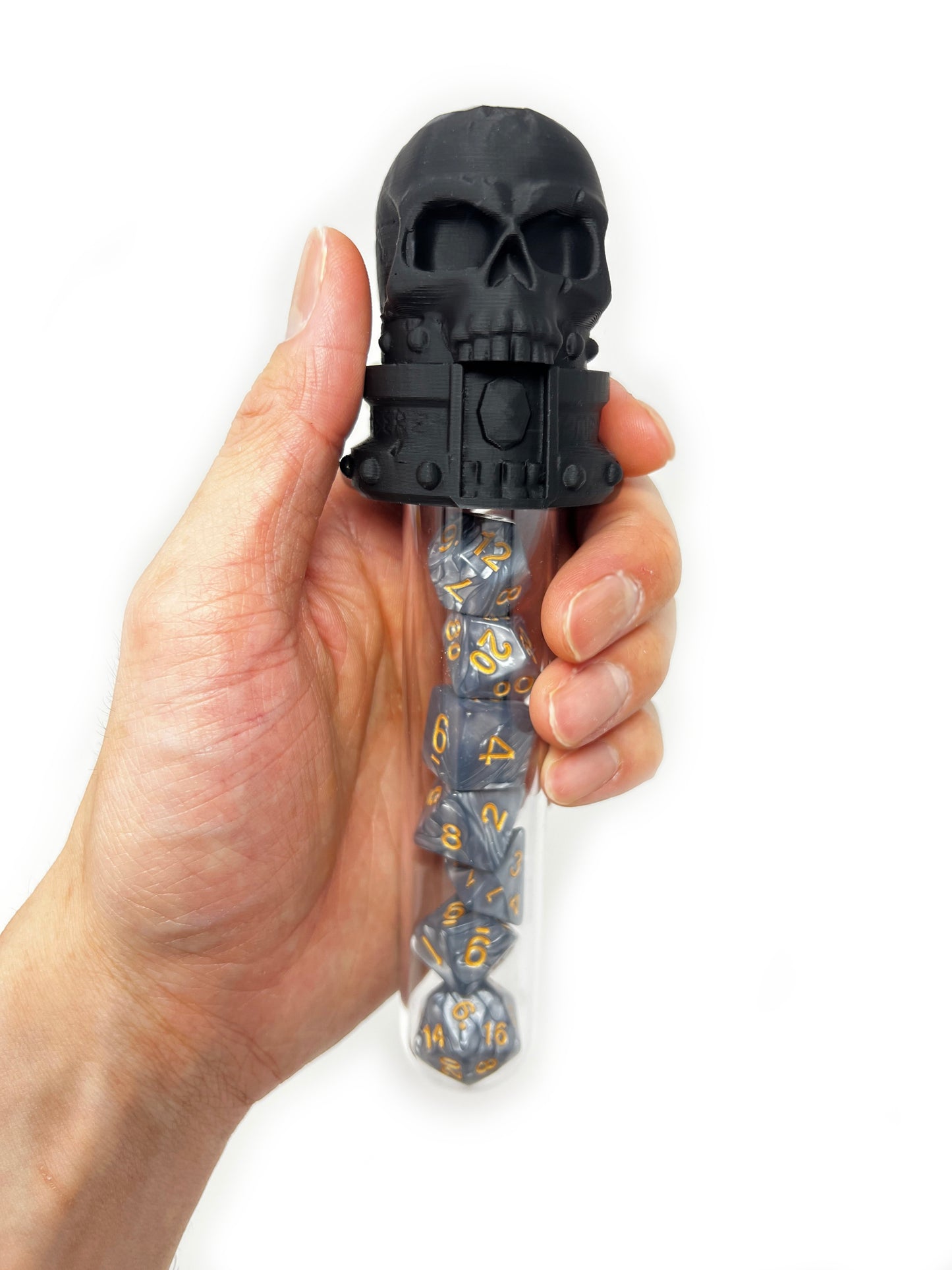 Skull Potion Vial Dice Holder - (Random 7PCS D20 Dice Set Included) - Dice Storage and Display - Tabletop RPG - DND - D&D