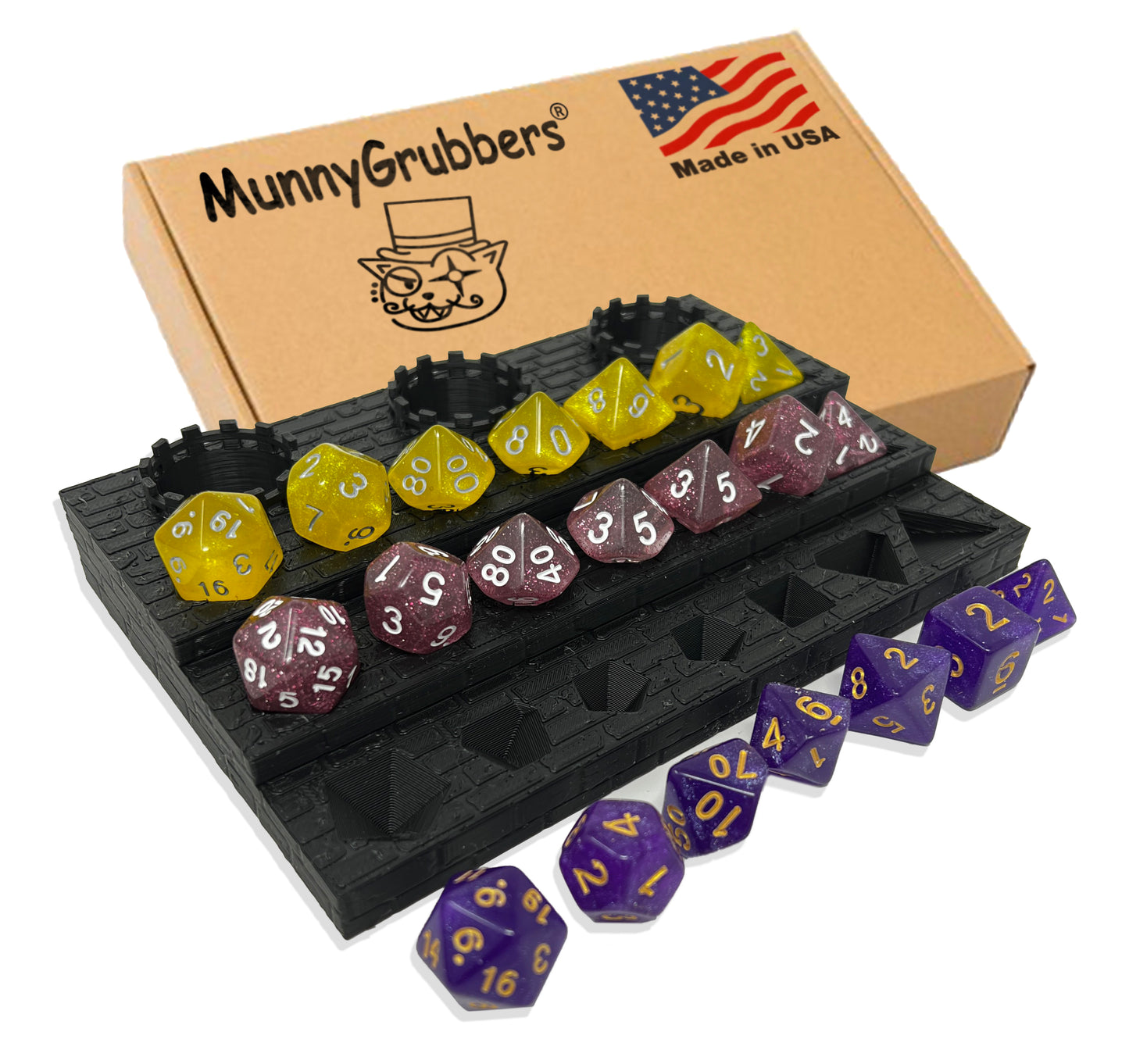 Dice Display Rack Shelf - Dice Jail - Dice Holder - (3 x Random 7PCS D20 Dice Set Included) - Display Up to 3 Sets of Dice and Vials - Dungeons and Dragons - DND - D&D