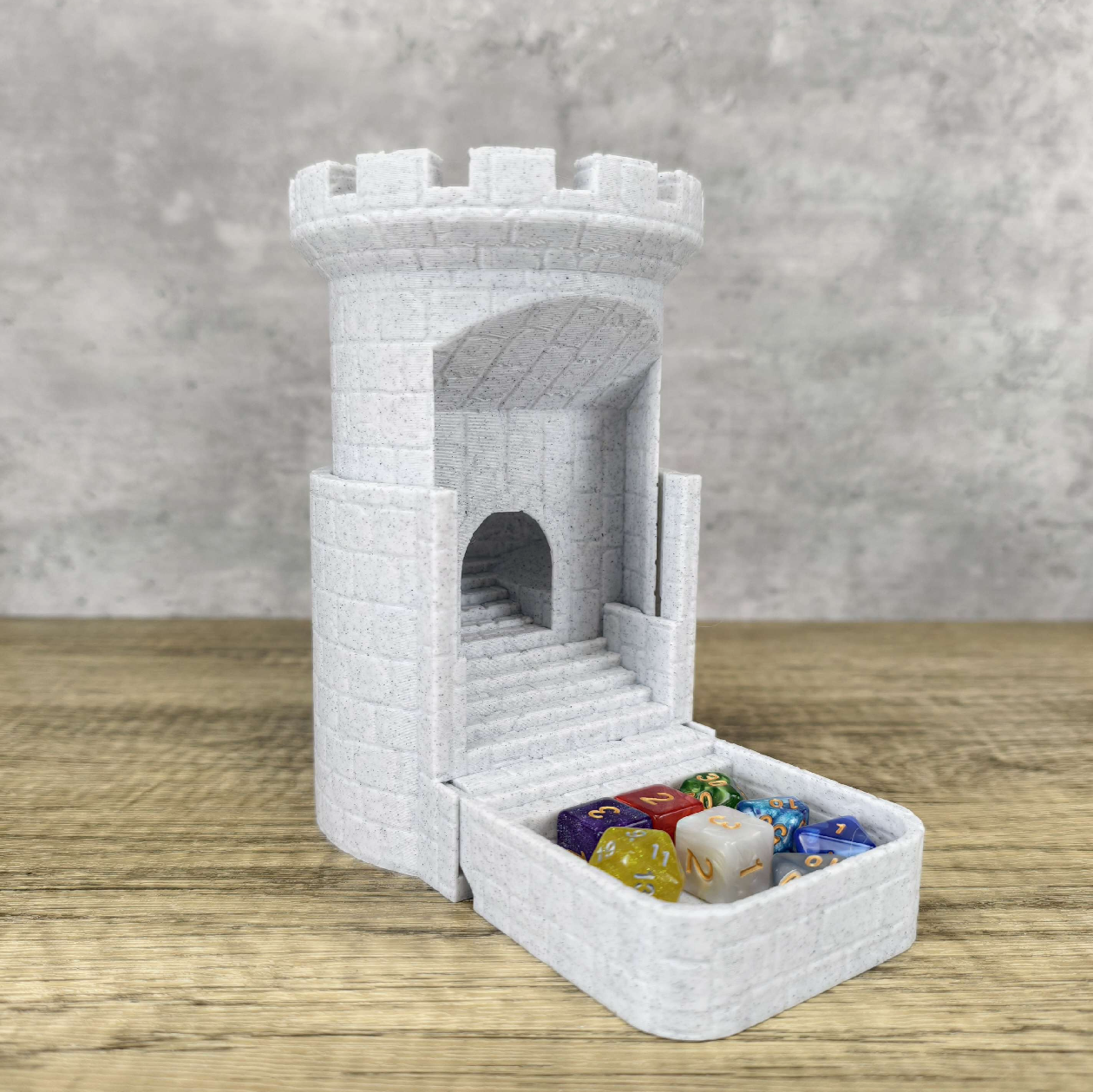 Auto Reloading Dice Tower - (7pc D20 Random Dice Included) - Castle Design - Self Loading Dice Tower - Lever Action Dice Tower - Dungeons and Dragons - DND
