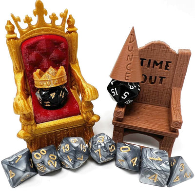 Dice Jail Cage - Time Out Chair & Dunce Hat - Chair of Shame - Crit Crown & Lucky Throne - (Random 7PC D20 Dice Set Included) - Gift for Dungeons and Dragons - DND - D&D