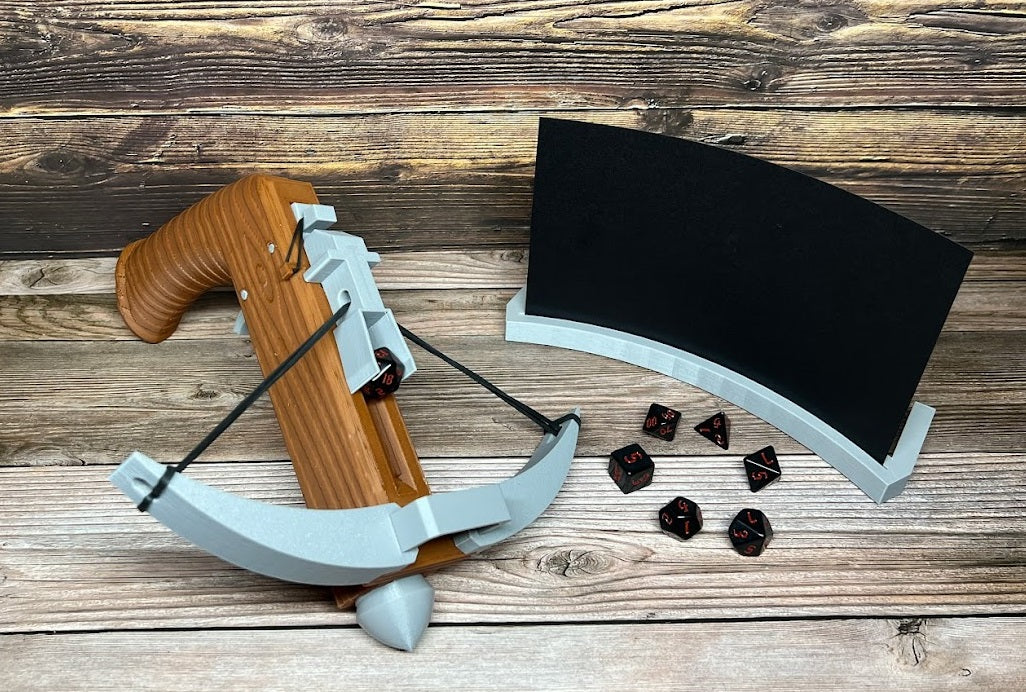 Crossbow Dice Roller - (Dark Brown) - (Random 7PCS D20 Dice Set Included) - Tabletop RPG - Dice Holder - Dice Popper - Dice Tower - Dungeons and Dragons - DND - D&D