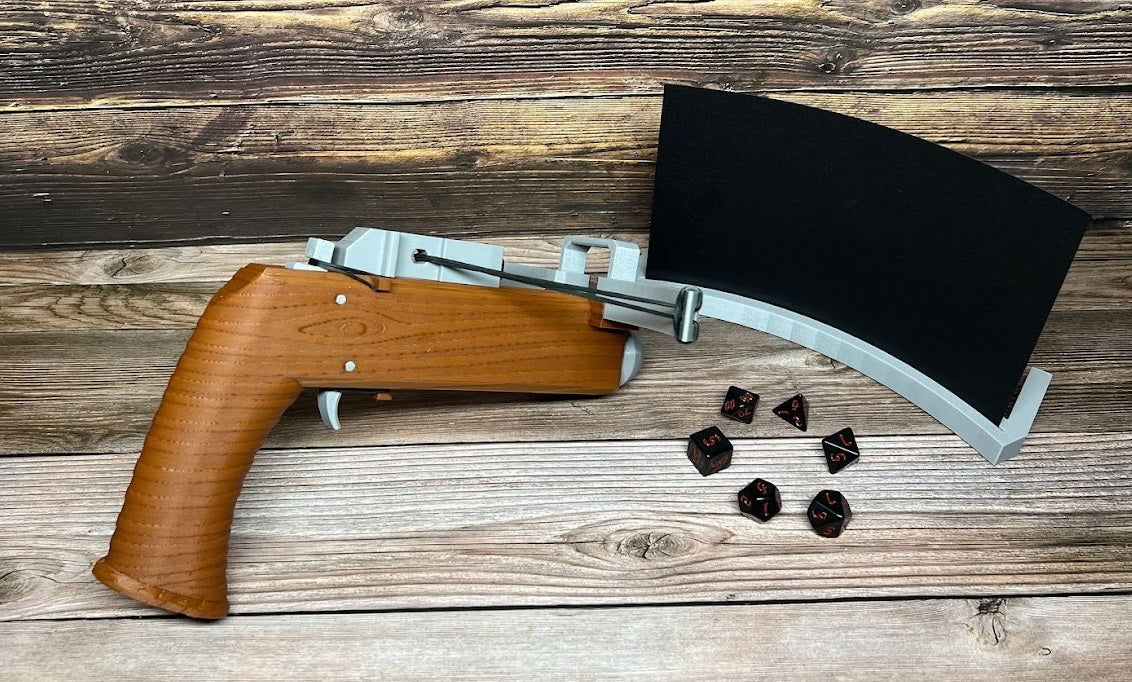 Crossbow Dice Roller - (Dark Brown) - (Random 7PCS D20 Dice Set Included) - Tabletop RPG - Dice Holder - Dice Popper - Dice Tower - Dungeons and Dragons - DND - D&D