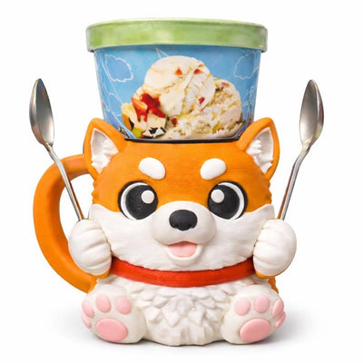 Shiba Doge Ice Cream Pint Holder - Original Design - Fits Standard & Ninja-Creami Pints - 2 Spoon Slots - Insulated Cup Sleeve to keep hands Warm - Reusable Ice Cream Sleeve