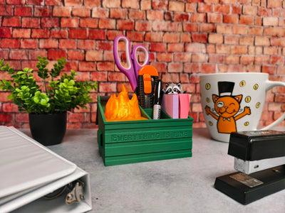 Dumpster Fire Desk Pencil Holder With USB Rechargeable Multicolor LED Flame & Fidget Racoon - Desk Accessories - Cute Decor - Funny Gifts for Coworker