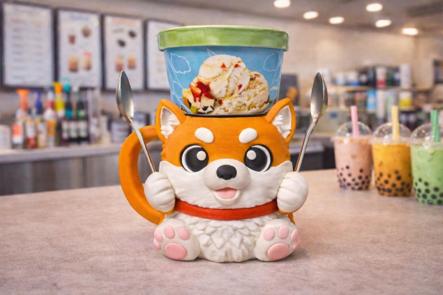 Shiba Doge Ice Cream Pint Holder - Original Design - Fits Standard & Ninja-Creami Pints - 2 Spoon Slots - Insulated Cup Sleeve to keep hands Warm - Reusable Ice Cream Sleeve