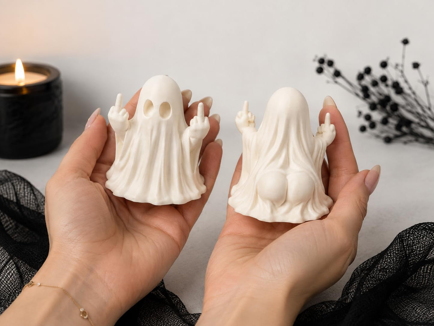 MunnyGrubbers - Funny Middle Finger Ghost Figurines Halloween Decor - 4 Pack