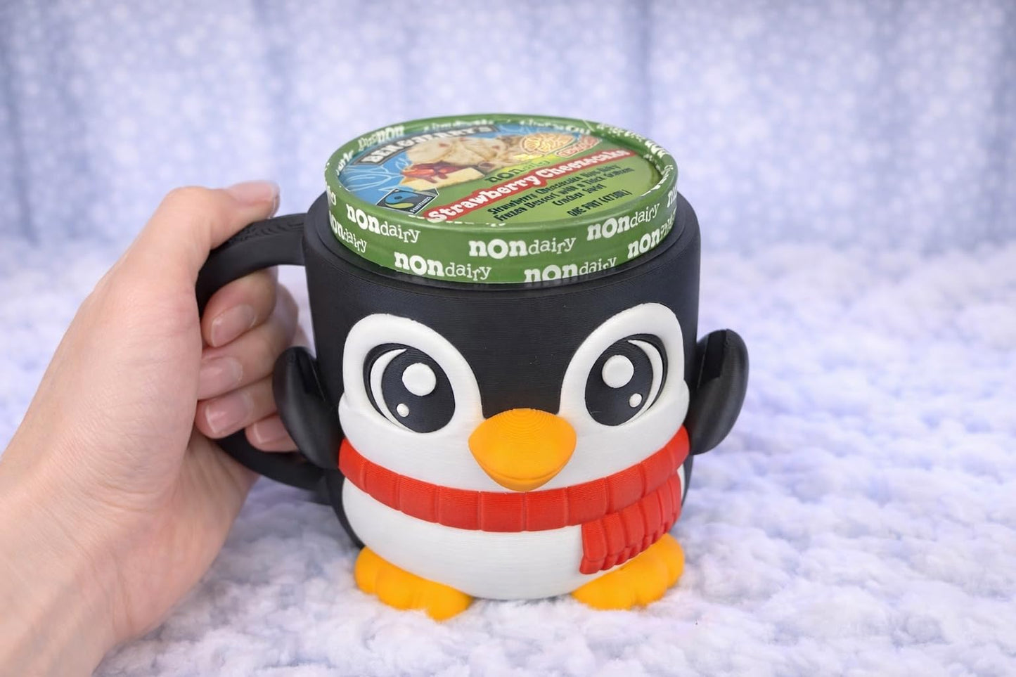 Penguin Ice Cream Pint Holder - Original Design - Fits Standard & Ninja-Creami Pints - 2 Spoon Slots - Insulated Cup Sleeve - Reusable Ice Cream Sleeve