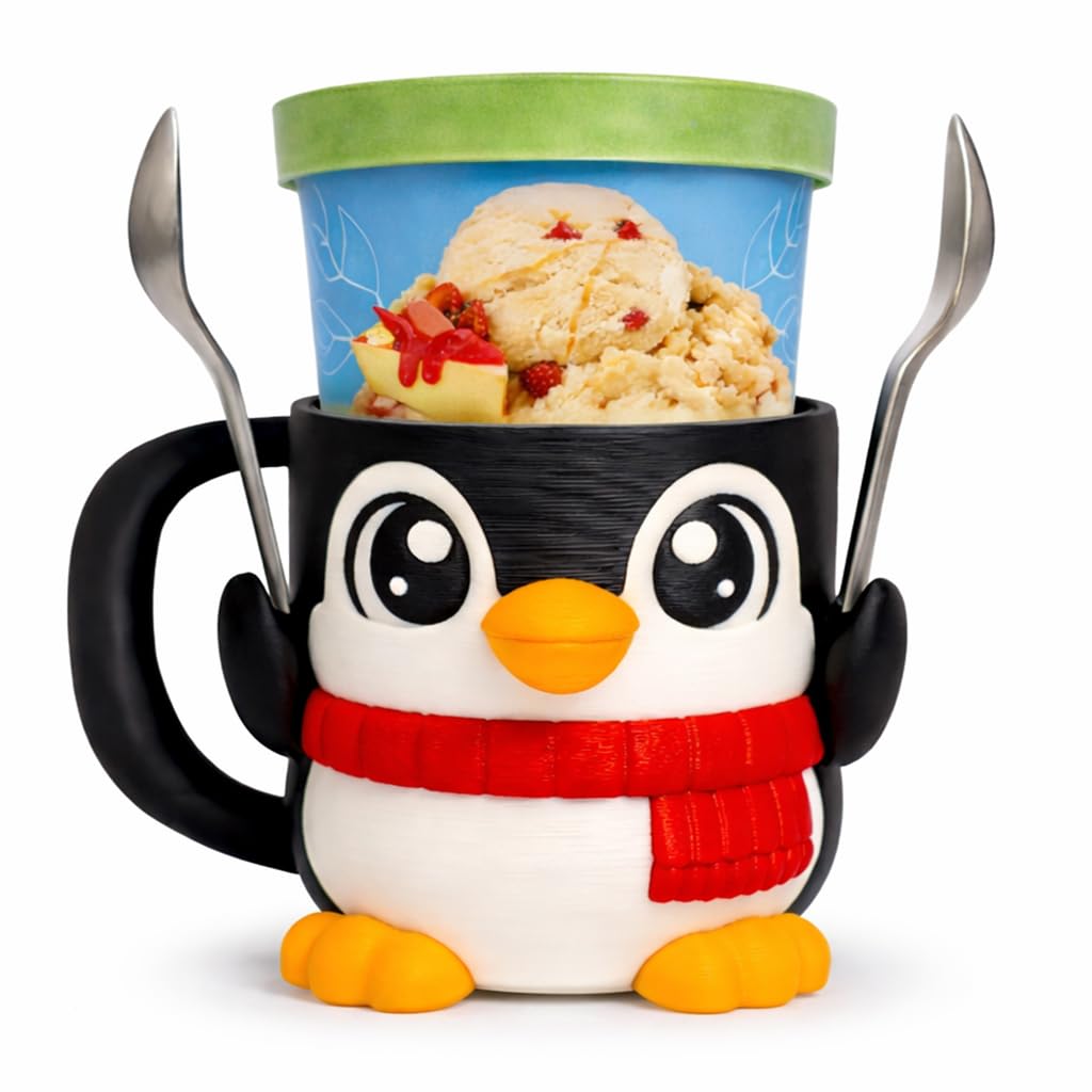 Penguin Ice Cream Pint Holder - Original Design - Fits Standard & Ninja-Creami Pints - 2 Spoon Slots - Insulated Cup Sleeve - Reusable Ice Cream Sleeve