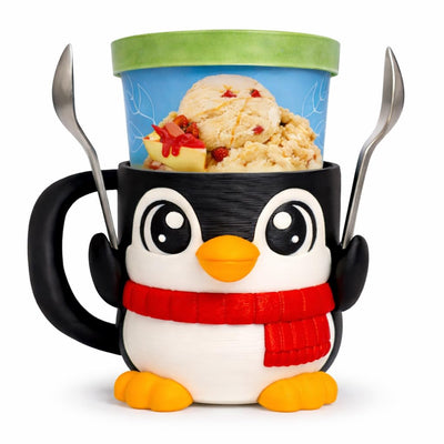 Penguin Ice Cream Pint Holder - Original Design - Fits Standard & Ninja-Creami Pints - 2 Spoon Slots - Insulated Cup Sleeve - Reusable Ice Cream Sleeve