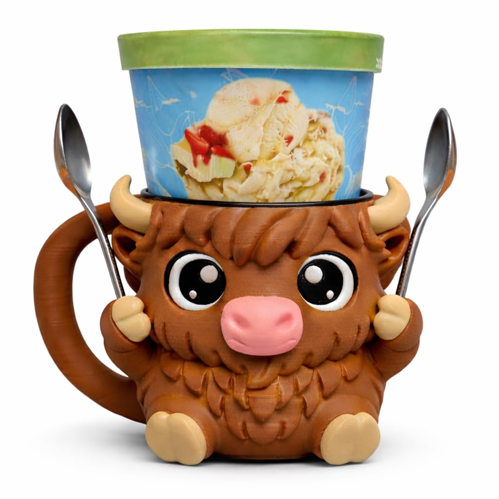 Highland Cow Ice Cream Pint Holder - Original Design - Fits Standard & Ninja-Creami Pints - 2 Spoon Slots - Insulated Cup Sleeve - Reusable Ice Cream Sleeve