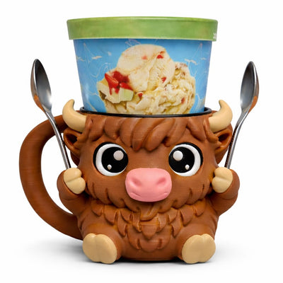 Highland Cow Ice Cream Pint Holder - Original Design - Fits Standard & Ninja-Creami Pints - 2 Spoon Slots - Insulated Cup Sleeve - Reusable Ice Cream Sleeve