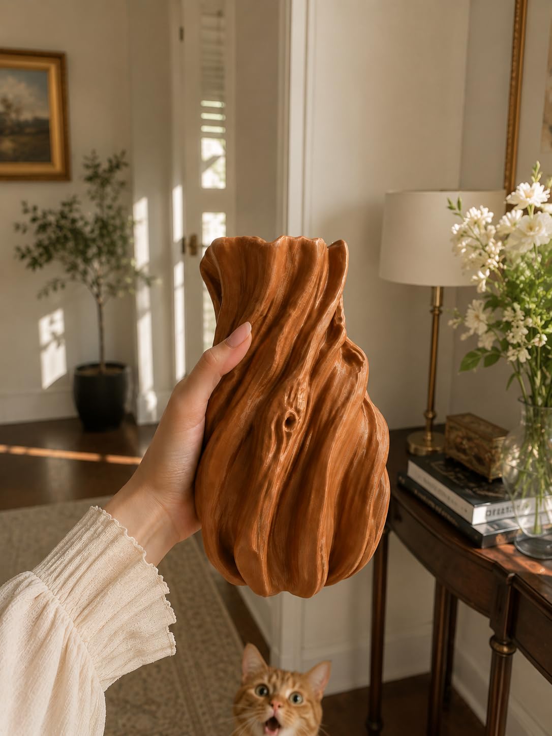 Twisted Tree Trunk Flower Vase, Plastic, Not Waterproof, Decorative Dry or Faux Floral Display, Durable Sculpted Design