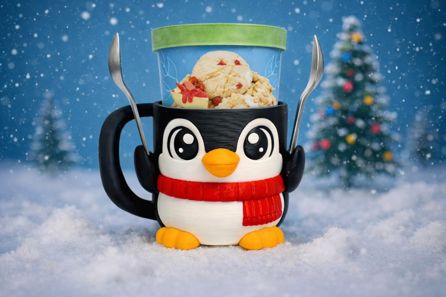 Penguin Ice Cream Pint Holder - Original Design - Fits Standard & Ninja-Creami Pints - 2 Spoon Slots - Insulated Cup Sleeve - Reusable Ice Cream Sleeve