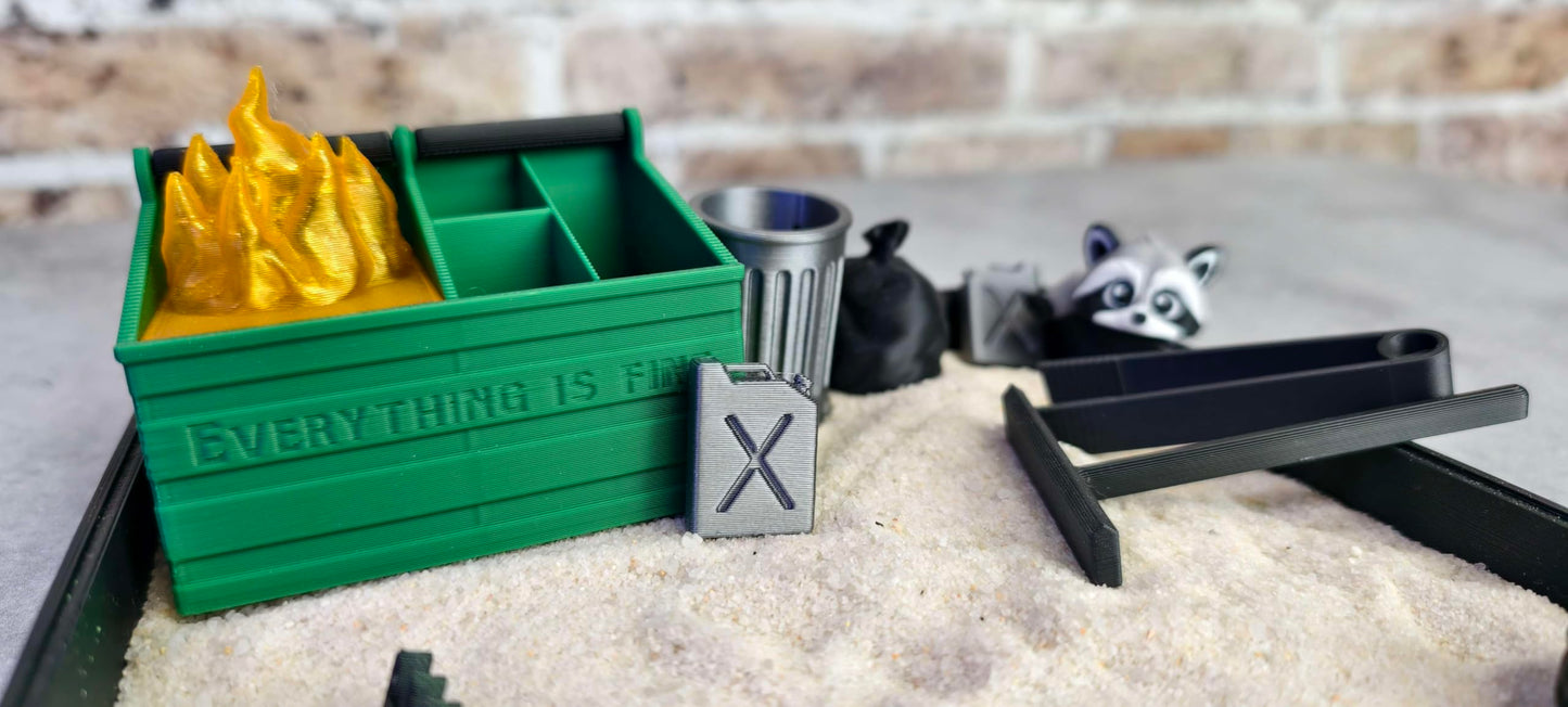 Dumpster Fire Zen Garden - Made in USA - Large 7" x 7" - Fine Sand Included - Desk Accessory Box Garden - Funny Novelty Gift - Fidget Stress Relief