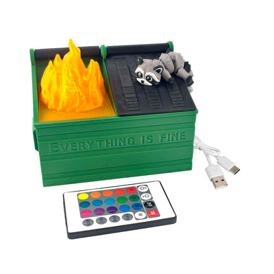 Dumpster Fire Desk Pencil Holder With USB Rechargeable Multicolor LED Flame & Fidget Racoon - Desk Accessories - Cute Decor - Funny Gifts for Coworker