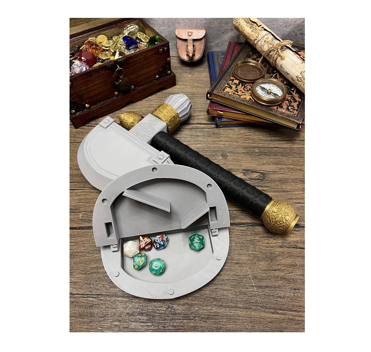 Axe Dice Holder & Dice Tray with Health Tracker - (Random 7PCS D20 Dice Set Included) - Tabletop Roleplaying Game - Dice Storage - Dice Roller - DND - Dungeons and Dragons