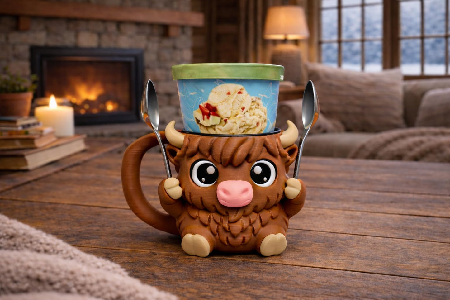 Highland Cow Ice Cream Pint Holder - Original Design - Fits Standard & Ninja-Creami Pints - 2 Spoon Slots - Insulated Cup Sleeve - Reusable Ice Cream Sleeve