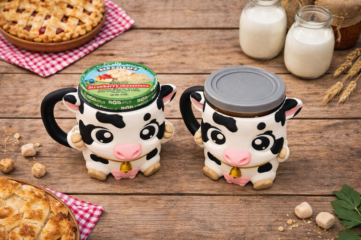 Farm Cow Ice Cream Pint Holder - Fits Standard & Ninja-Creami Pints - 2 Spoon Slots - Insulated Cup Sleeve to keep hands Warm - Reusable Ice Cream Sleeve