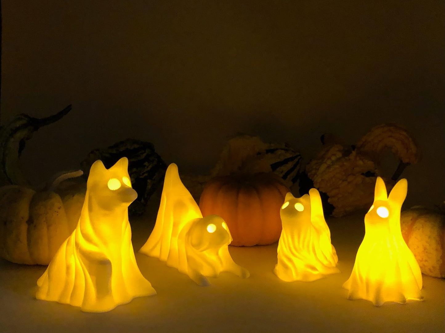 4 Pack Glowing Ghost Dog With LED Tea Lights - Includes Bunny & Cat - Halloween Home Decor - Office Desk - LED Night Light - Spooky