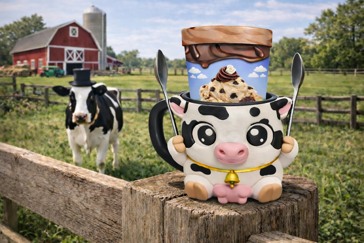 Farm Cow Ice Cream Pint Holder - Fits Standard & Ninja-Creami Pints - 2 Spoon Slots - Insulated Cup Sleeve to keep hands Warm - Reusable Ice Cream Sleeve