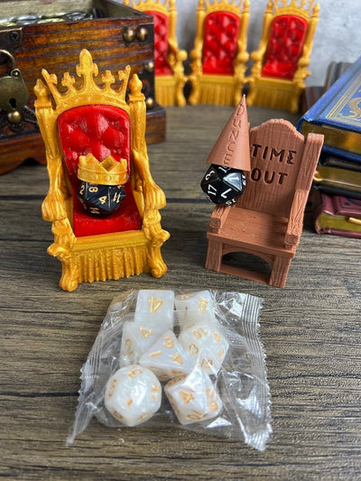 Dice Jail Cage - Time Out Chair & Dunce Hat - Chair of Shame - Crit Crown & Lucky Throne - (Random 7PC D20 Dice Set Included) - Gift for Dungeons and Dragons - DND - D&D