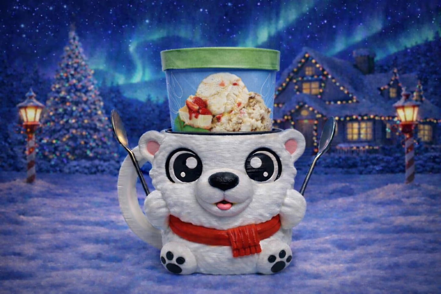 Polar Bear Ice Cream Pint Holder - Original Design - Fits Standard & Ninja-Creami Pints - 2 Spoon Slots - Insulated Cup Sleeve - Reusable Ice Cream Sleeve