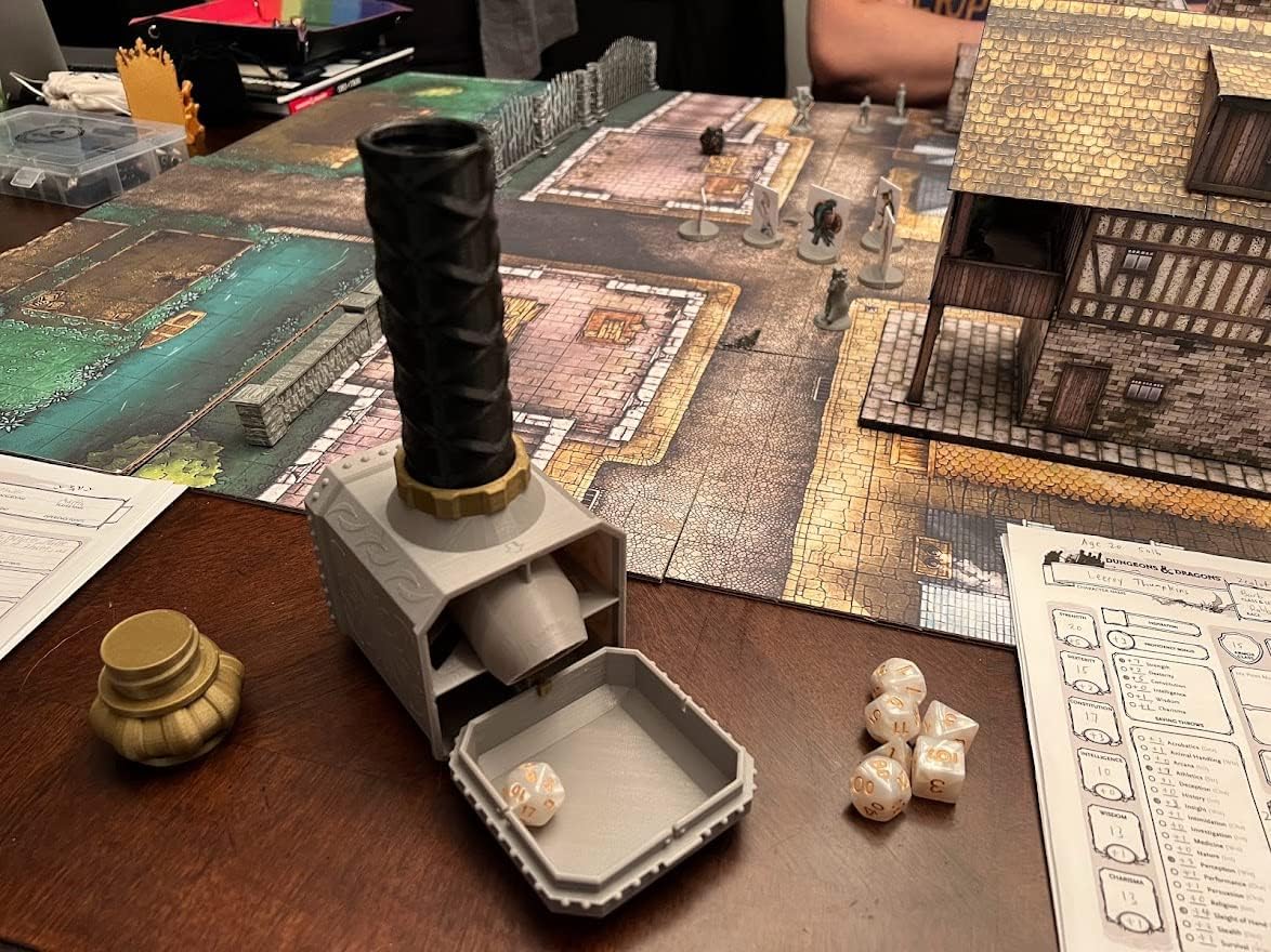 Hammer Dice Tower - (Random 7PCS D20 Dice Set Included) - DiceHolder - DiceRoller - Tabletop RPG Accessory - DND - D&D