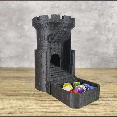 Auto Reloading Dice Tower - (7pc D20 Random Dice Included) - Castle Design - Self Loading Dice Tower - Lever Action Dice Tower - Dungeons and Dragons - DND