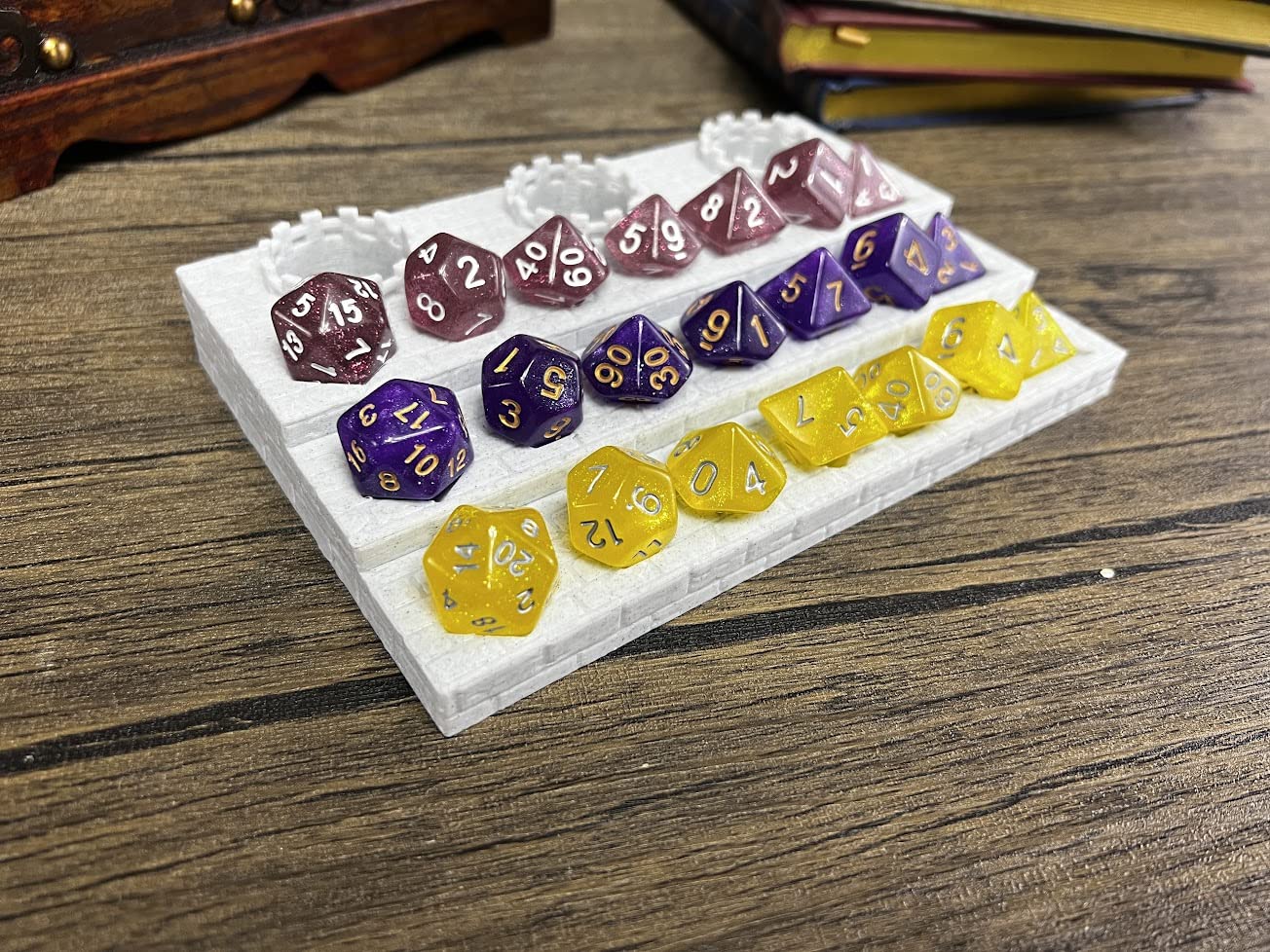 Dice Display Rack Shelf - Dice Jail - Dice Holder - (3 x Random 7PCS D20 Dice Set Included) - Display Up to 3 Sets of Dice and Vials - Dungeons and Dragons - DND - D&D