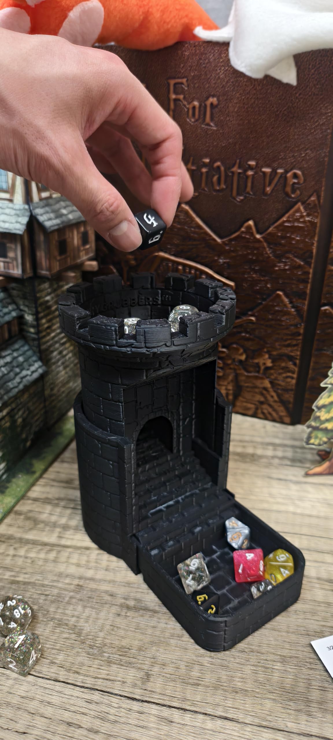 Auto Reloading Dice Tower - (7pc D20 Random Dice Included) - Castle Design - Self Loading Dice Tower - Lever Action Dice Tower - Dungeons and Dragons - DND