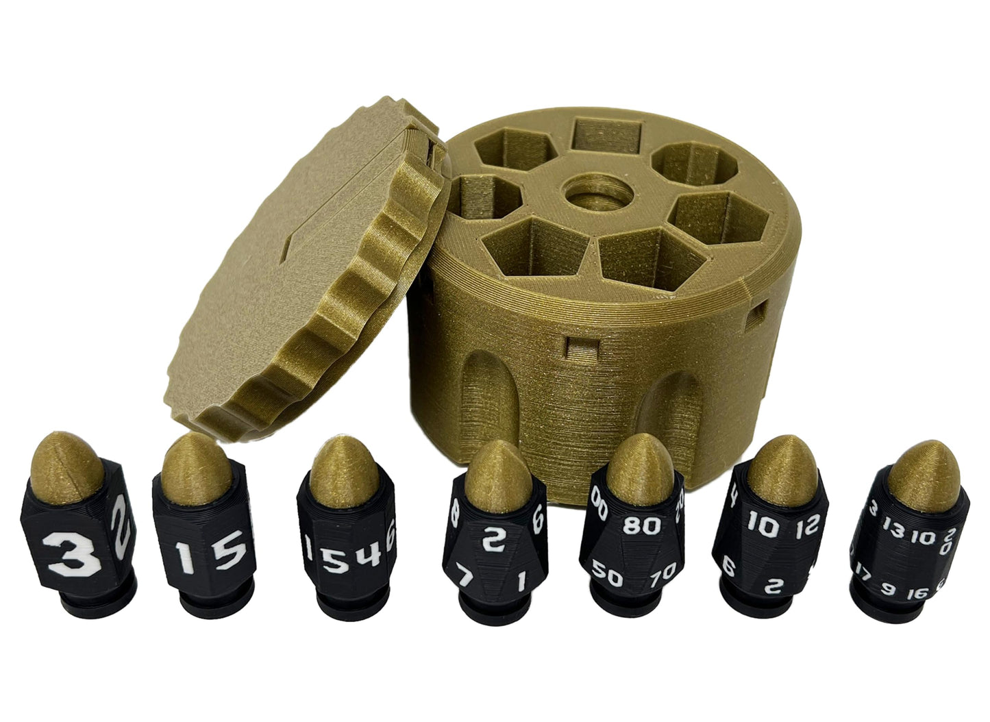 Plastic Bullet Dice 7 Pc D20 Set with Spinning Revolver Cylinder - Fidget Spinner - Cyberpunk Style Dice for Warhammer, DND, Sci-Fi, War, or Crime Theme Tabletop Games