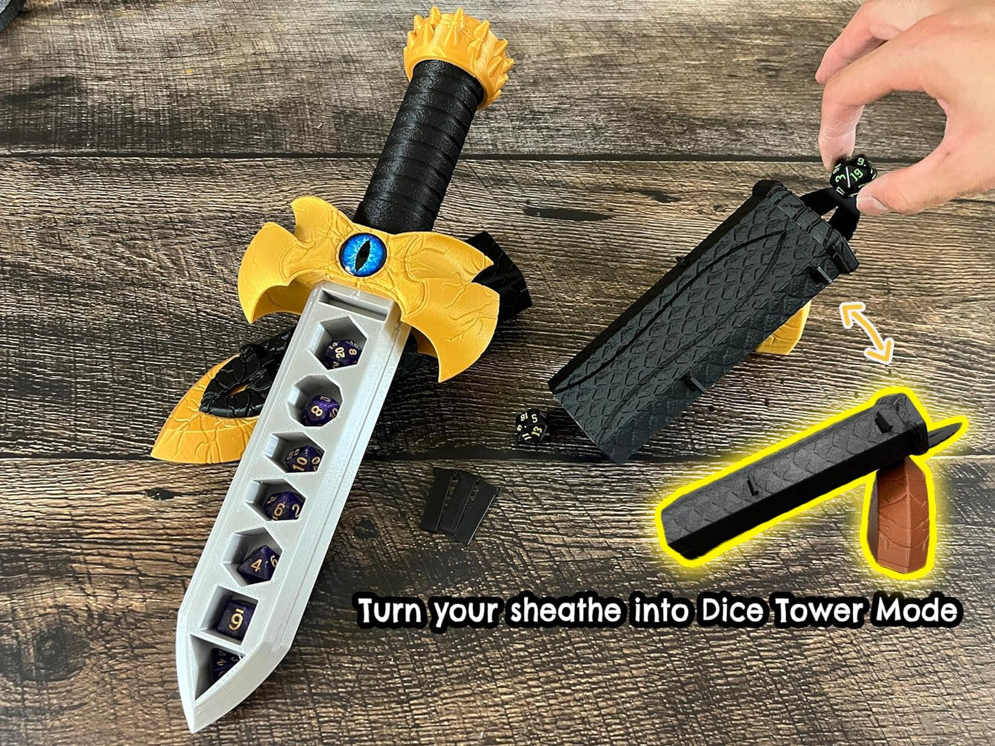 Talking Dragon Sword Dagger Dice Holder, Dice Tower - (Random 7pc D20 Dice Included) - Ask it a YES or NO question, Decision Making, DND, Dungeons and Dragons Gift