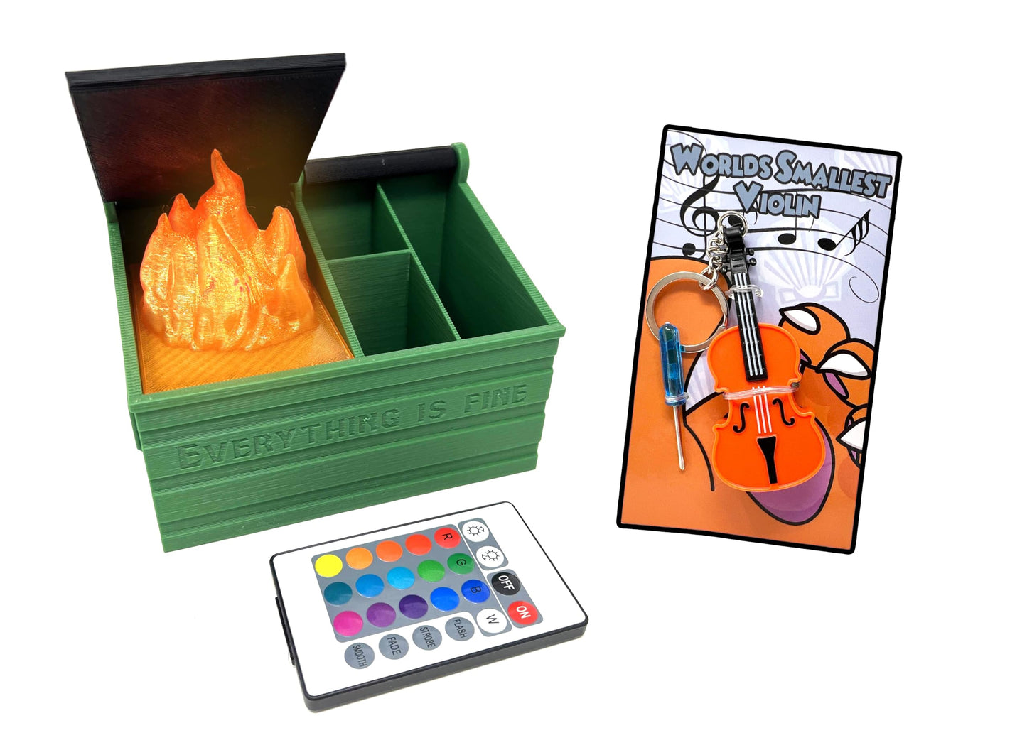 Dumpster Fire Desk Organizer & Original World's Smallest Violin Keychain Toy with Playable Sad Music - LED Flame & Remote - Tiny Violin - Funny Gifts