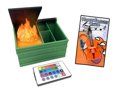 Dumpster Fire Desk Organizer & Original World's Smallest Violin Keychain Toy with Playable Sad Music - LED Flame & Remote - Tiny Violin - Funny Gifts