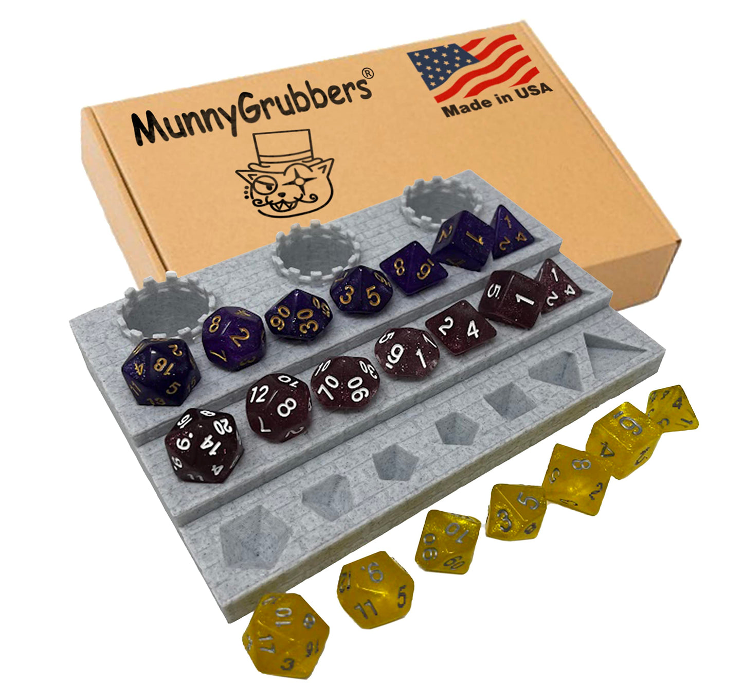 Dice Display Rack Shelf - Dice Jail - Dice Holder - (3 x Random 7PCS D20 Dice Set Included) - Display Up to 3 Sets of Dice and Vials - Dungeons and Dragons - DND - D&D