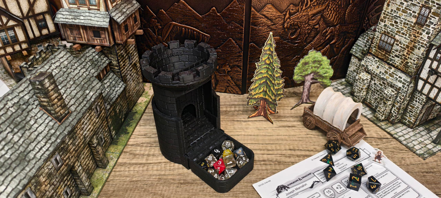 Auto Reloading Dice Tower - (7pc D20 Random Dice Included) - Castle Design - Self Loading Dice Tower - Lever Action Dice Tower - Dungeons and Dragons - DND