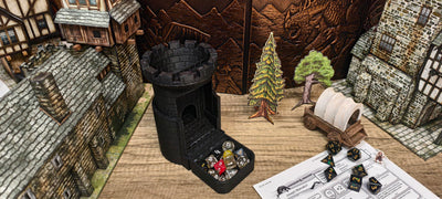 Auto Reloading Dice Tower - (7pc D20 Random Dice Included) - Castle Design - Self Loading Dice Tower - Lever Action Dice Tower - Dungeons and Dragons - DND