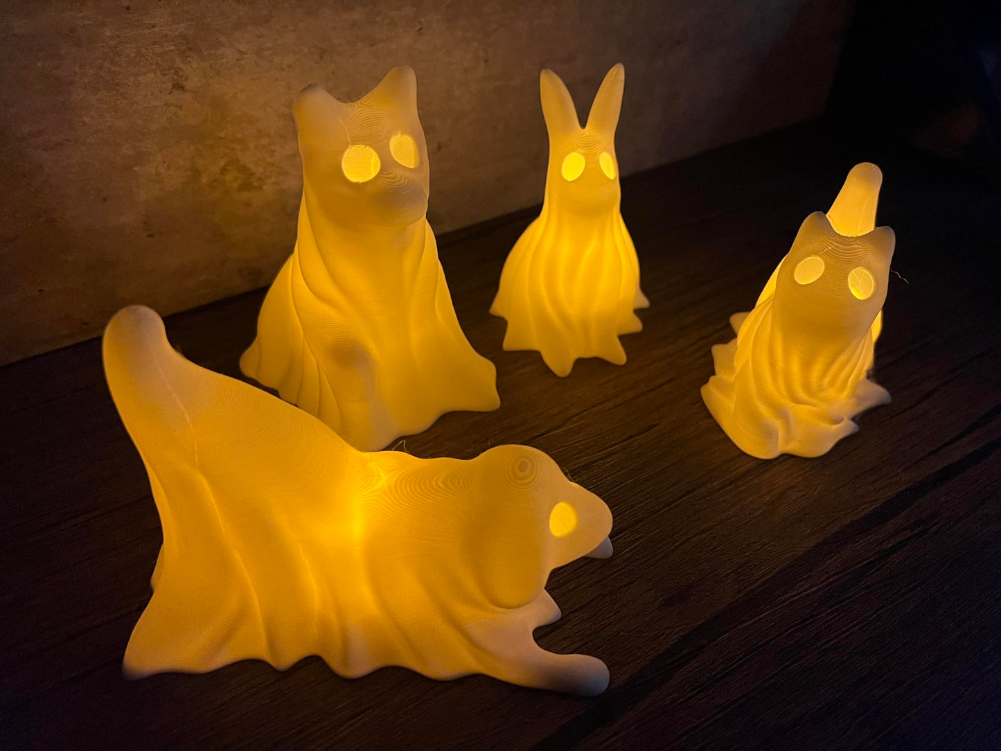 4 Pack Glowing Ghost Dog With LED Tea Lights - Includes Bunny & Cat - Halloween Home Decor - Office Desk - LED Night Light - Spooky