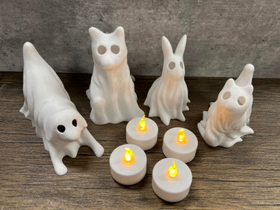 4 Pack Glowing Ghost Dog With LED Tea Lights - Includes Bunny & Cat - Halloween Home Decor - Office Desk - LED Night Light - Spooky