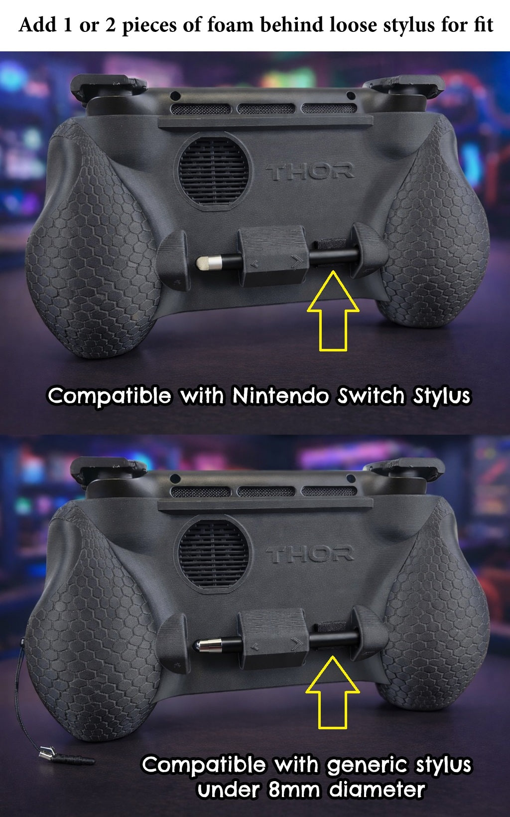 AYN Thor Compatible Ergonomic Grip with Stylus Holder - Includes Extendable 4 inch Stylus & Snap-on Trigger Upgrade - Thor Grip with Foam Inserts - Made in USA