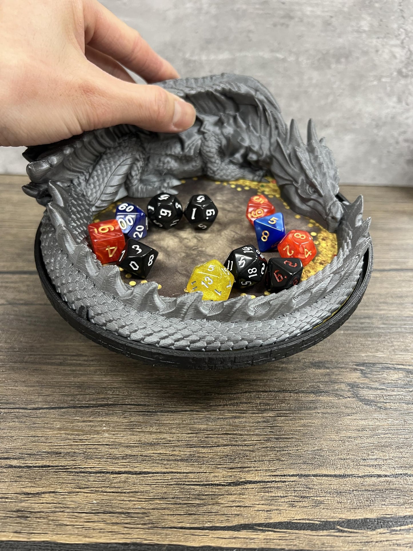 Dragon's Hoard Dice Tray - V2 - (Random 7pc D20 Dice Included) - Dice Jail - Dice Holder - Neoprene Rolling Mat - DND Gift - D&D Gift - Dungeons and Dragons Gift - D&D