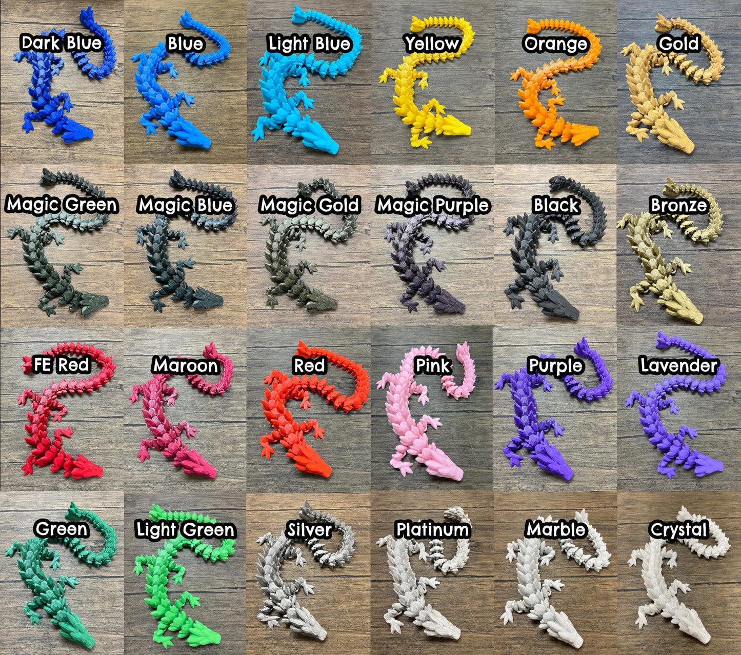Random Color 4 Pack - Dragon Only - Small 12" Crystal Dragon Fidget Toy - No Surprise Egg - Heavy Duty - 3D Printed Flexible Articulating Plastic Collectible Figurine