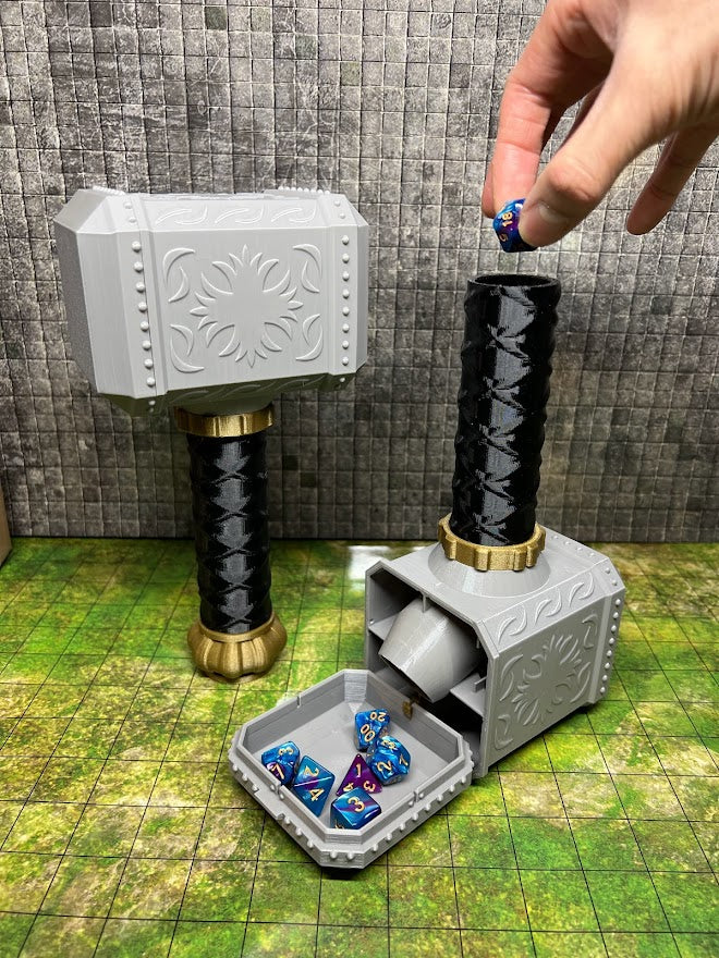 Hammer Dice Tower - (Random 7PCS D20 Dice Set Included) - DiceHolder - DiceRoller - Tabletop RPG Accessory - DND - D&D