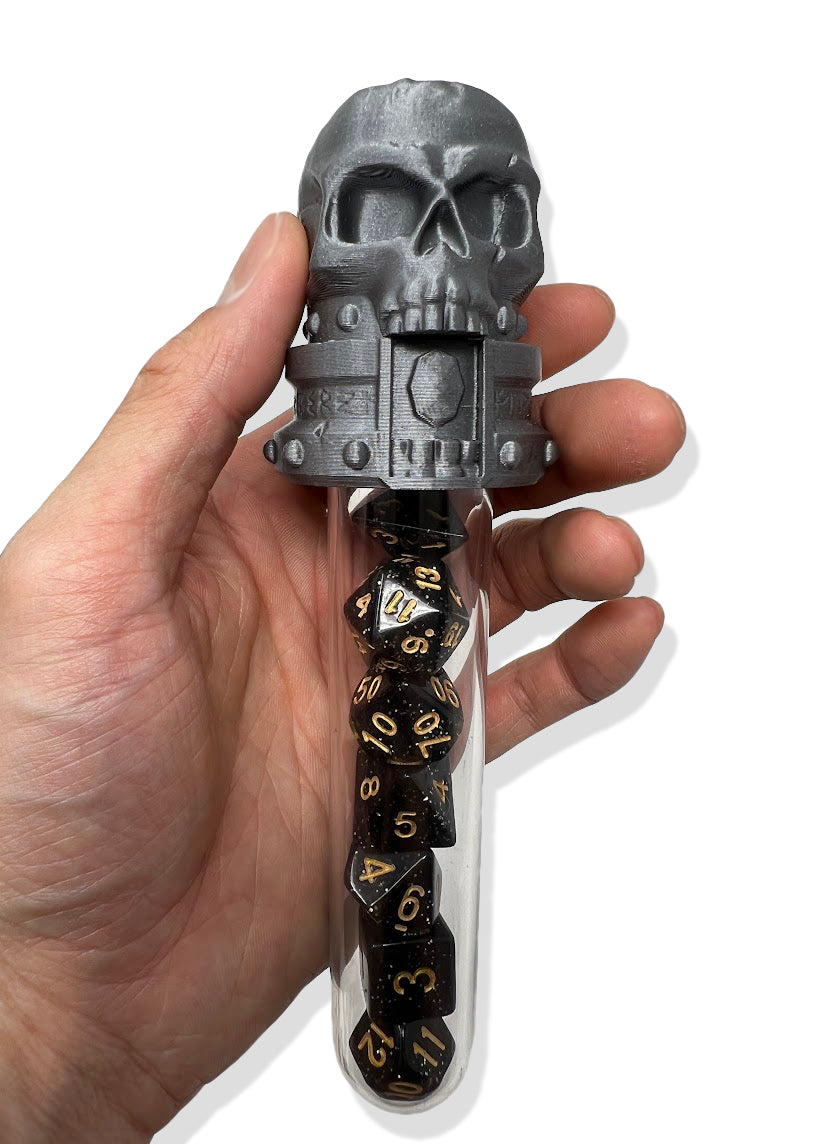 Skull Potion Vial Dice Holder - (Random 7PCS D20 Dice Set Included) - Dice Storage and Display - Tabletop RPG - DND - D&D