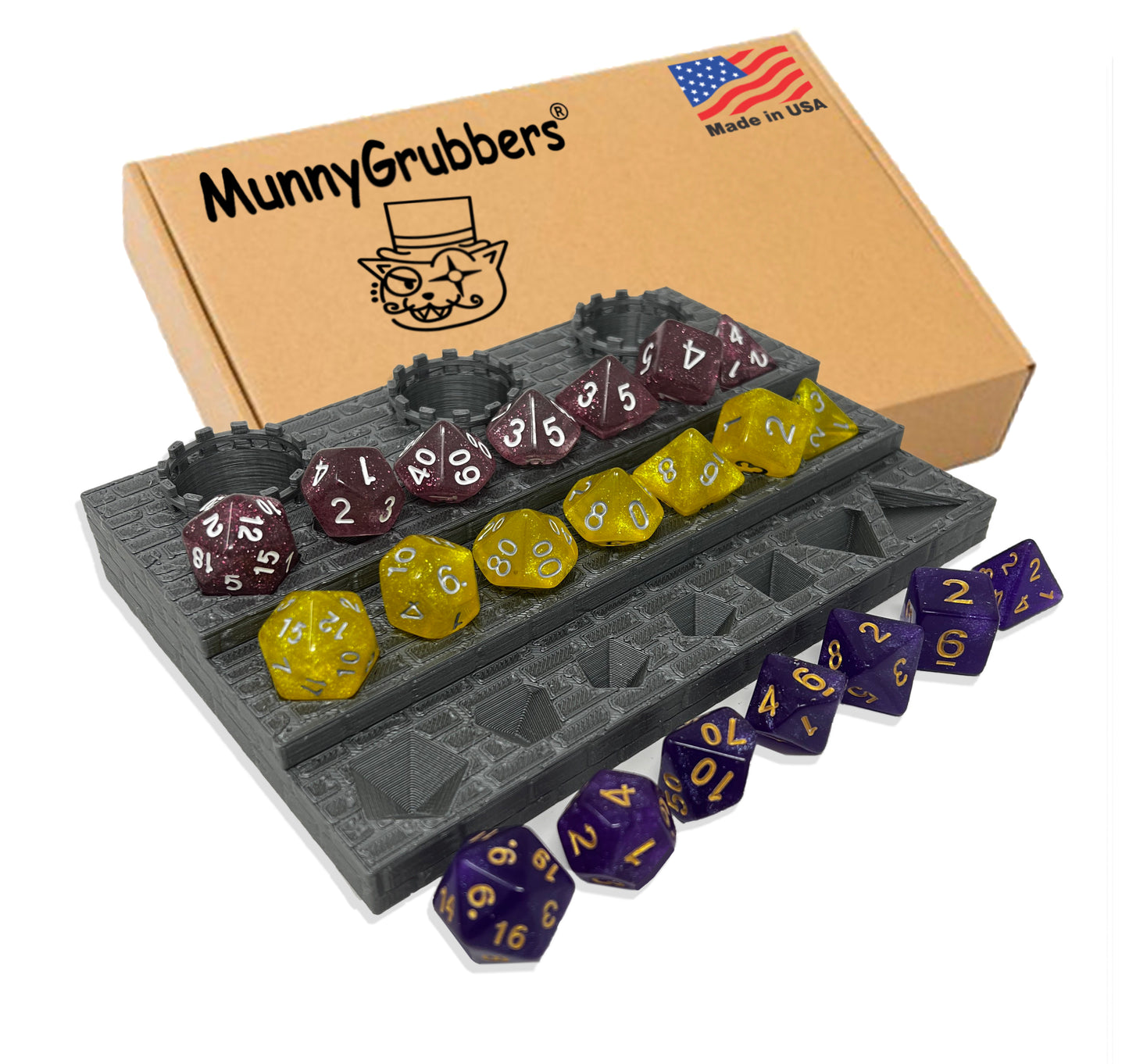 Dice Display Rack Shelf - Dice Jail - Dice Holder - (3 x Random 7PCS D20 Dice Set Included) - Display Up to 3 Sets of Dice and Vials - Dungeons and Dragons - DND - D&D