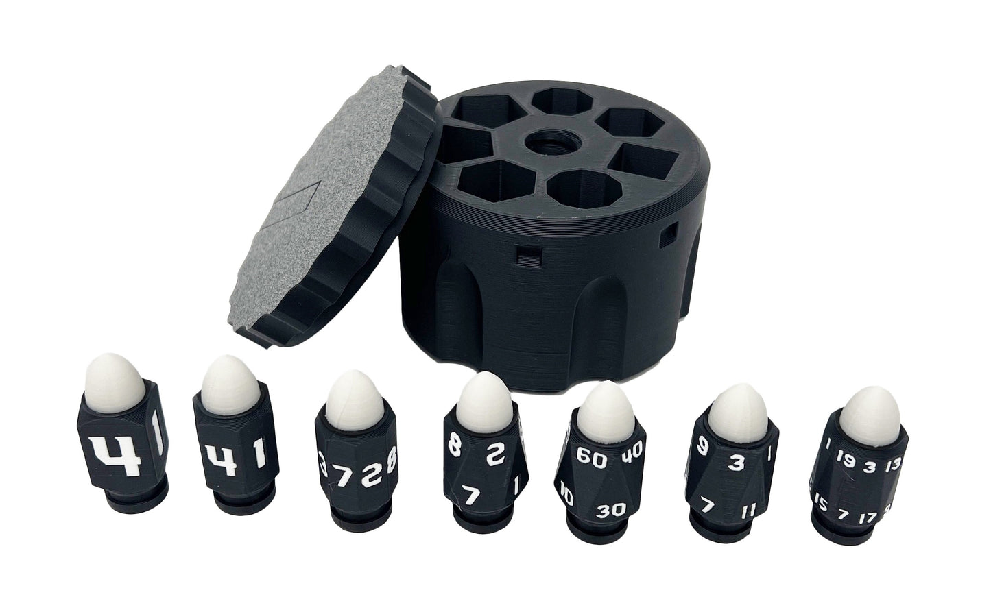 Plastic Bullet Dice 7 Pc D20 Set with Spinning Revolver Cylinder - Fidget Spinner - Cyberpunk Style Dice for Warhammer, DND, Sci-Fi, War, or Crime Theme Tabletop Games