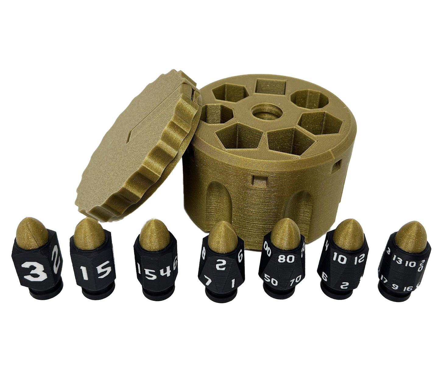 Plastic Bullet Dice 7 Pc D20 Set with Spinning Revolver Cylinder - Fidget Spinner - Cyberpunk Style Dice for Warhammer, DND, Sci-Fi, War, or Crime Theme Tabletop Games