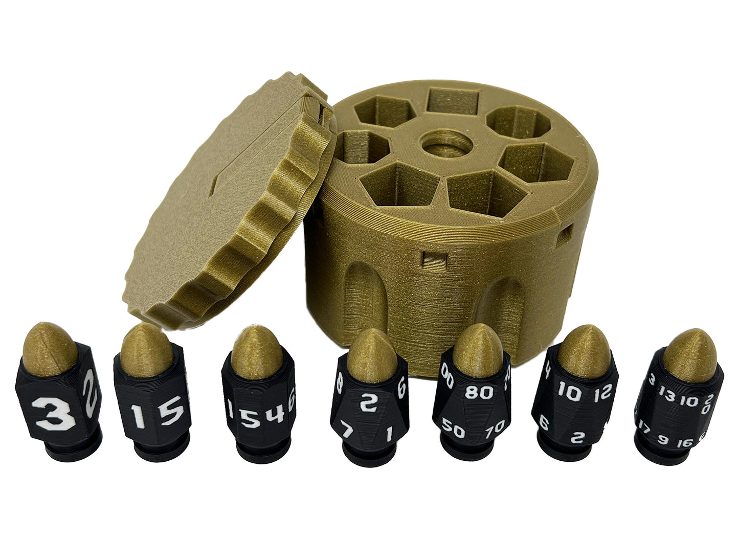 Plastic Bullet Dice 7 Pc D20 Set with Spinning Revolver Cylinder - Fidget Spinner - Cyberpunk Style Dice for Warhammer, DND, Sci-Fi, War, or Crime Theme Tabletop Games