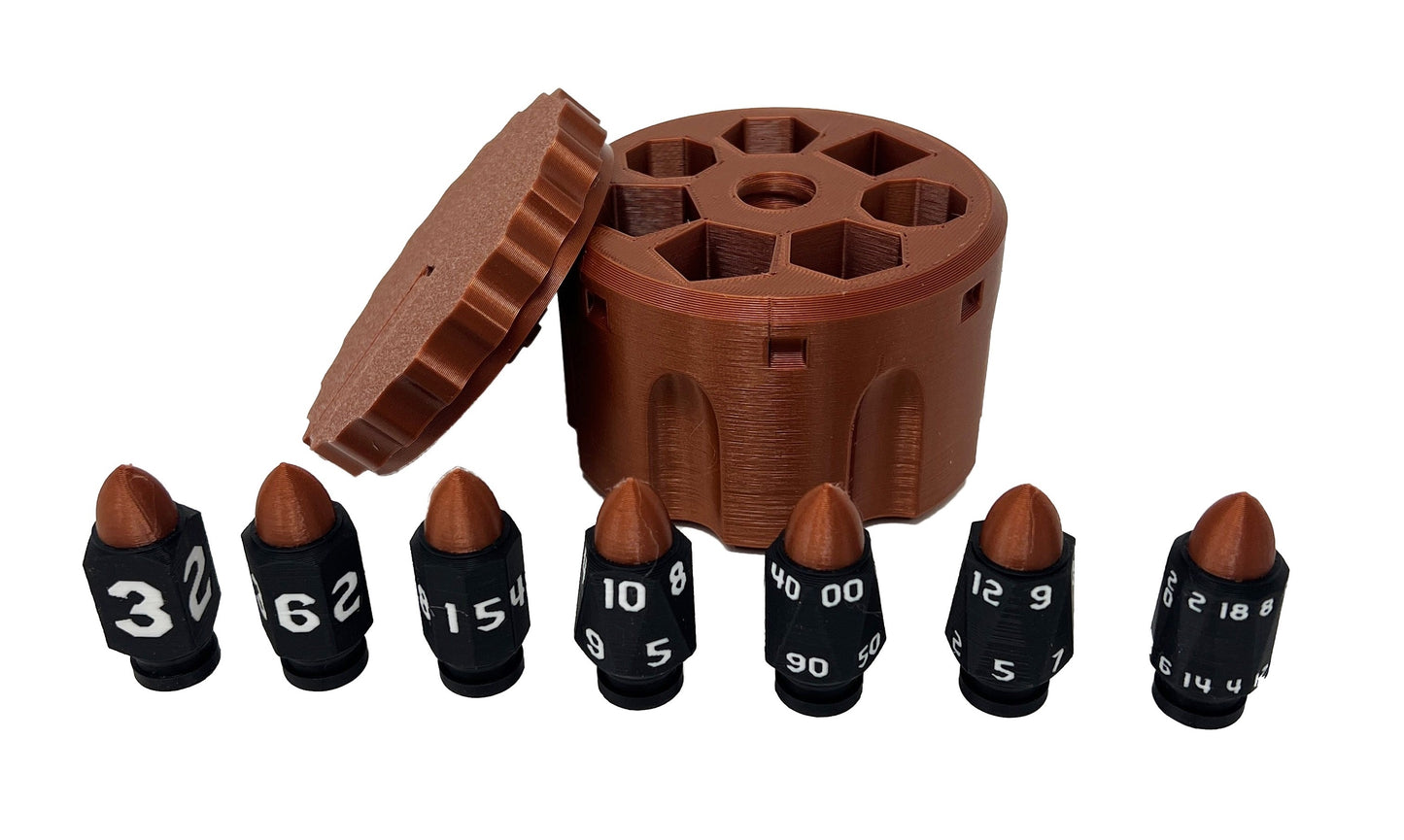 Plastic Bullet Dice 7 Pc D20 Set with Spinning Revolver Cylinder - Fidget Spinner - Cyberpunk Style Dice for Warhammer, DND, Sci-Fi, War, or Crime Theme Tabletop Games
