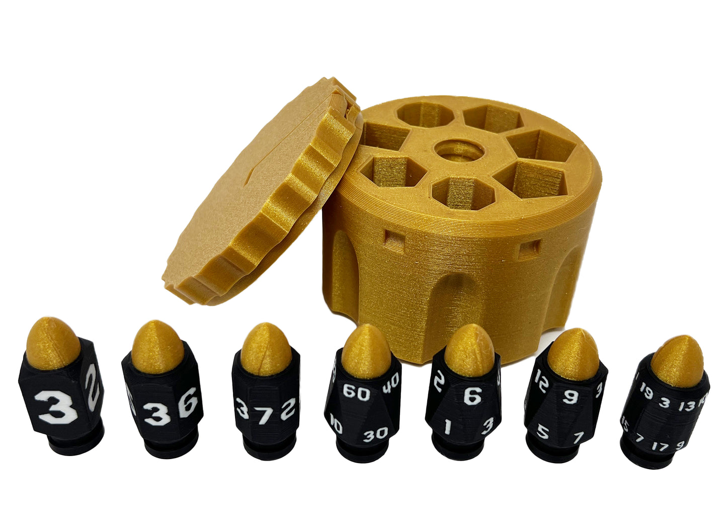 Plastic Bullet Dice 7 Pc D20 Set with Spinning Revolver Cylinder - Fidget Spinner - Cyberpunk Style Dice for Warhammer, DND, Sci-Fi, War, or Crime Theme Tabletop Games